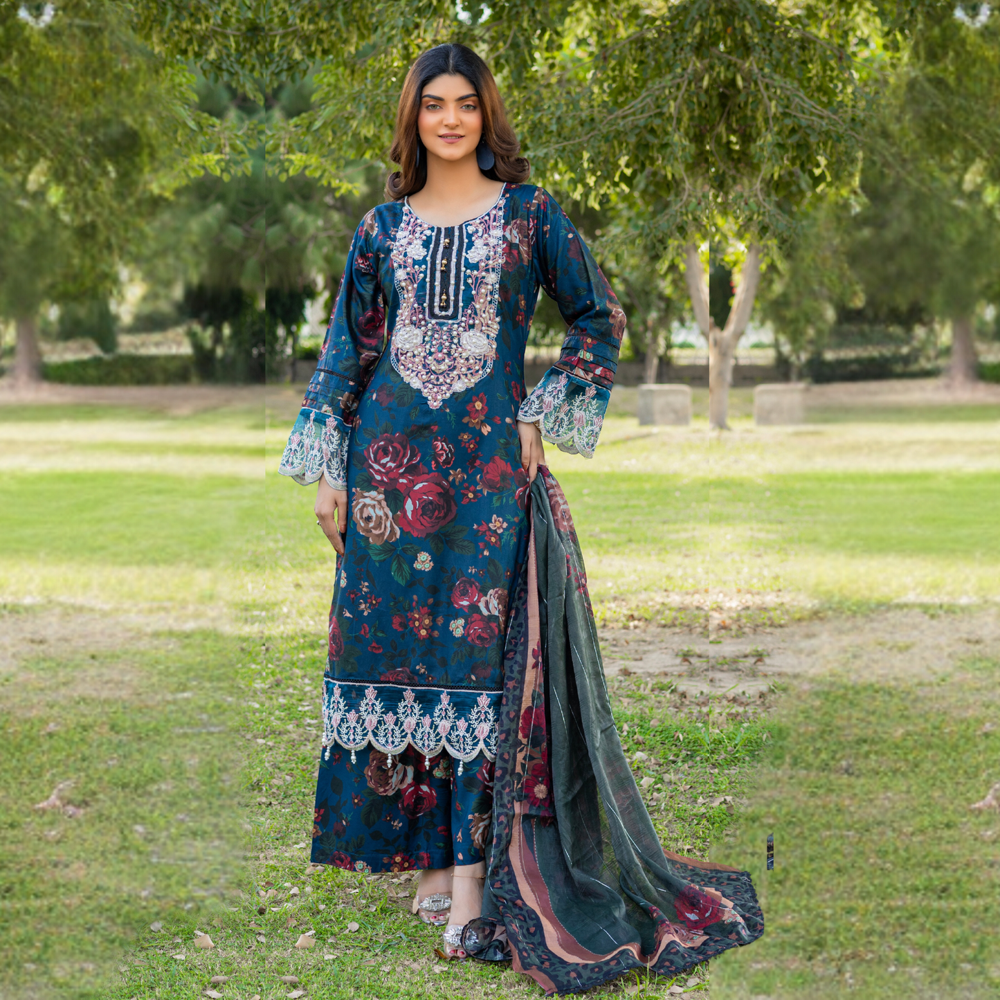 Winter Linen Printed Handwork Embroidered Dress 3 Pc |Ready to Wear| Rangz | UMRGZ3700