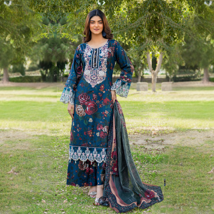 Winter Linen Printed Handwork Embroidered Dress 3 Pc |Ready to Wear| Rangz | UMRGZ3700