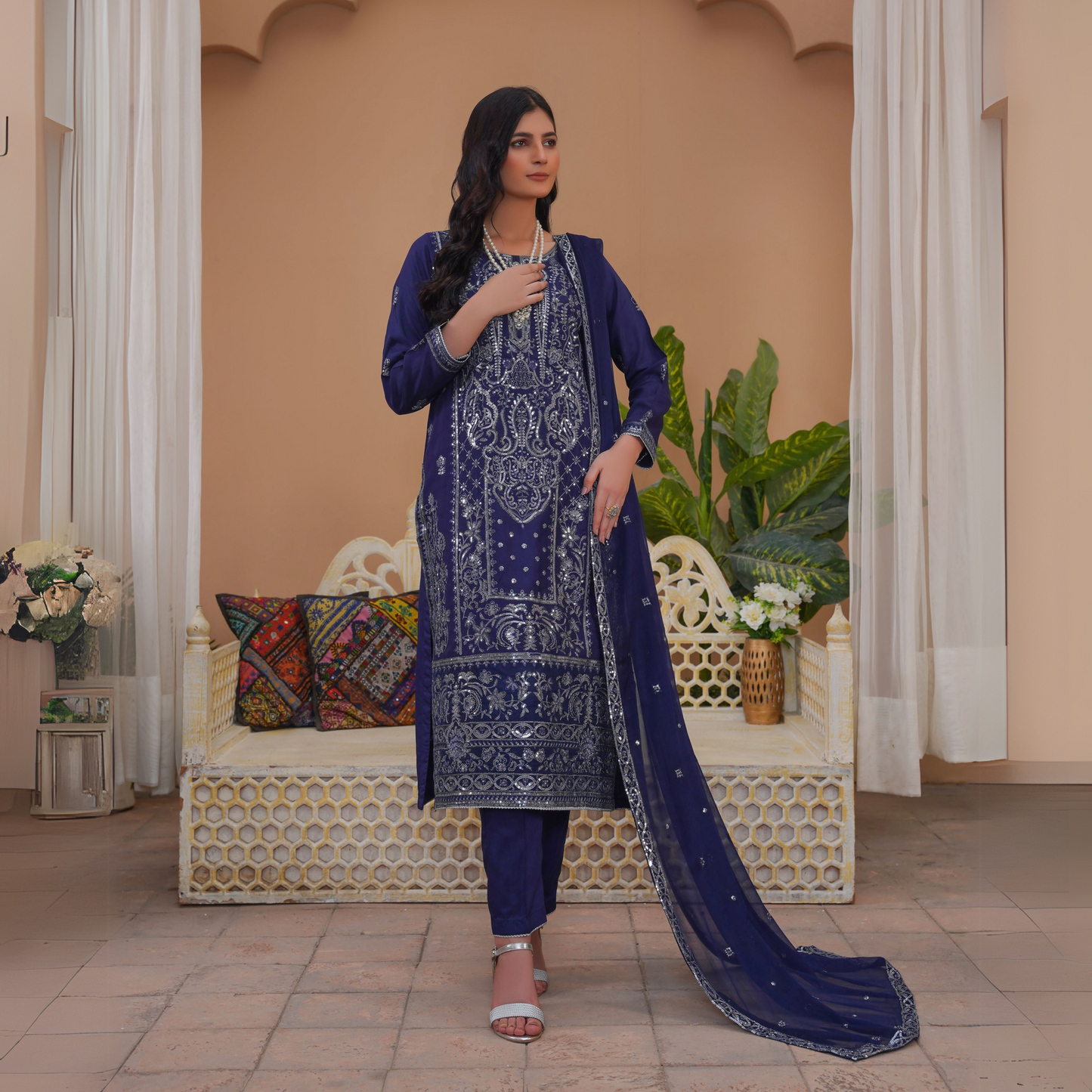 Luxury Embroidered Viscose Linen Dress 3 Pc | Winter Collection | Umnaa