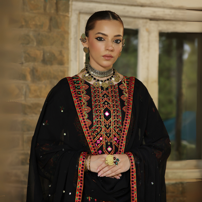 3 Pc Embroidered Linen Dress With Chiffon Dupatta | UMNAA