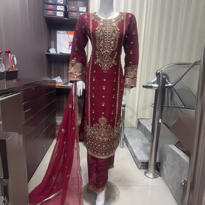 UA-48 Luxury Embroidered Chiffon Dress with Chiffon Dupatta 3 Pc |Ready to Wear| UMNAA