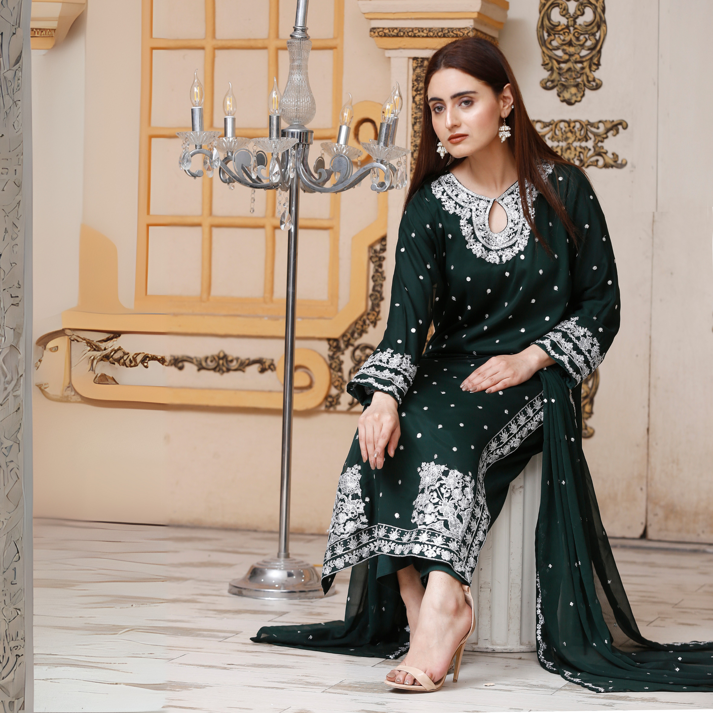 UA-54 3Pc Luxury Embroidered Chiffon Dress with Chiffon Dupatta 3 Pc |Ready to Wear| Umnaa
