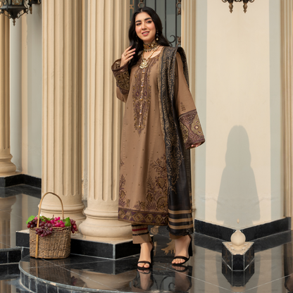 (Coffee Brown) 3 Pc Embroidered Cambric Cotton Ready to Wear Dress | Eid Wear | Heera's