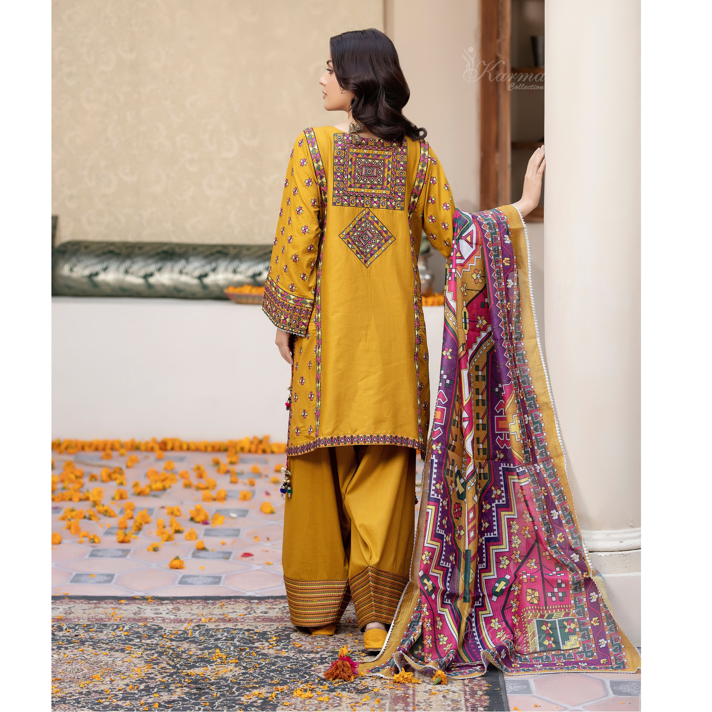 KC-1433 Embroidered Cambric Cotton Farshi Shalwar Kameez Ready to Wear 3 Pc - Karma Collection