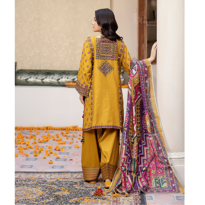 KC-1433 Embroidered Cambric Cotton Farshi Shalwar Kameez Ready to Wear 3 Pc - Karma Collection