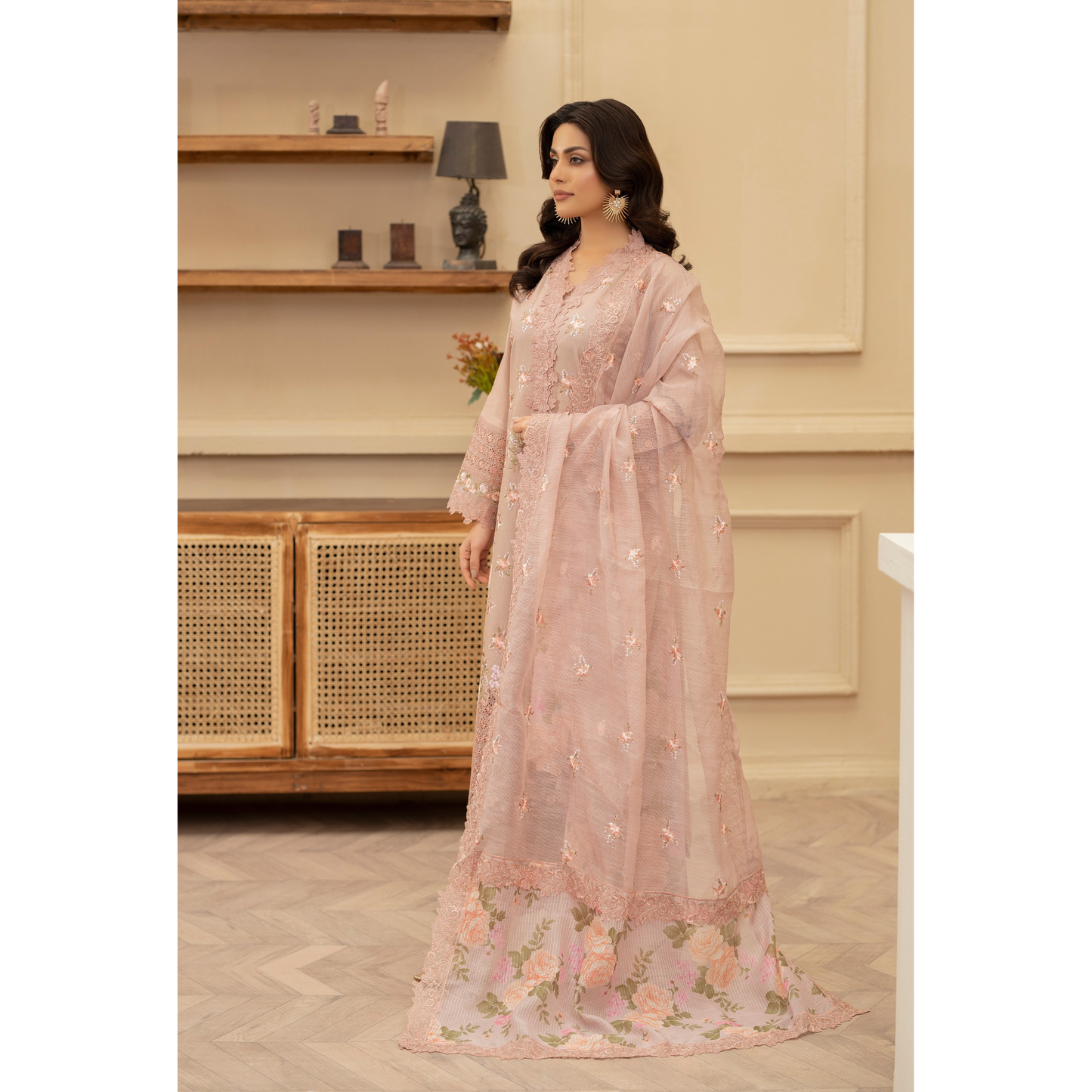 KC-1437 Embroidered Cambric Cotton long Frock Dress Ready to Wear 3 Pc - Karma Collection