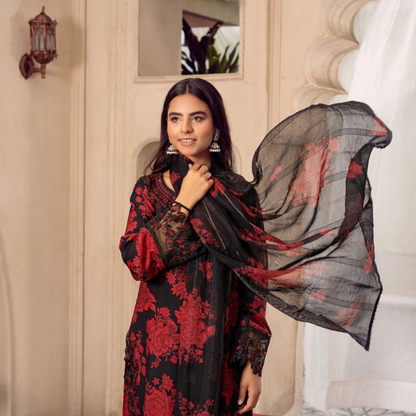3 Pc Mother n Daughter Linen Embroidered Printed Dress | Festive Collection | Rangz