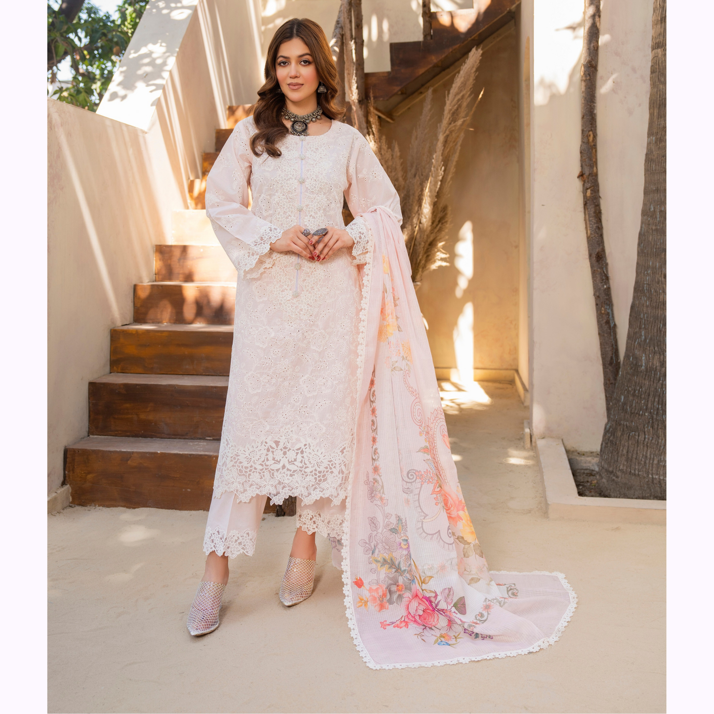 KC-1443 Embroidered Chikankari Cambric Cotton Dress Ready to Wear 3 Pc - Karma Collection