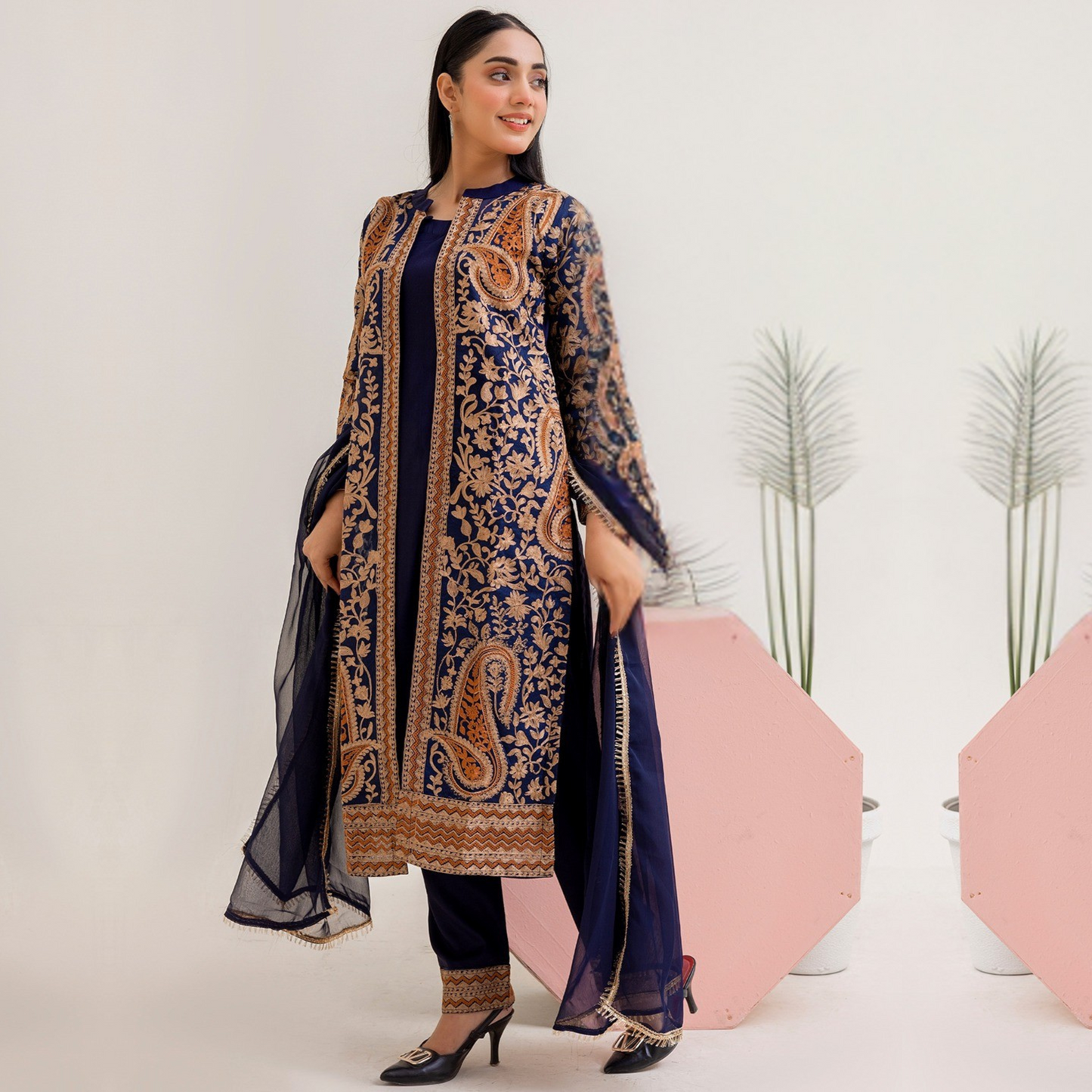 UMRZ-44 Embroidered Linen Coat Style Shirt with Pocket Trouser Dress and Chiffon Dupatta 3 Pc |Ready to Wear| Rangz