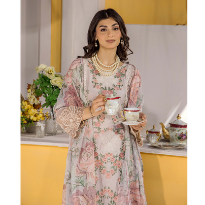 Floral Embroidered Viscose Linen 3 Pc Pakistani Dress | Ready to wear | Traditional Thread