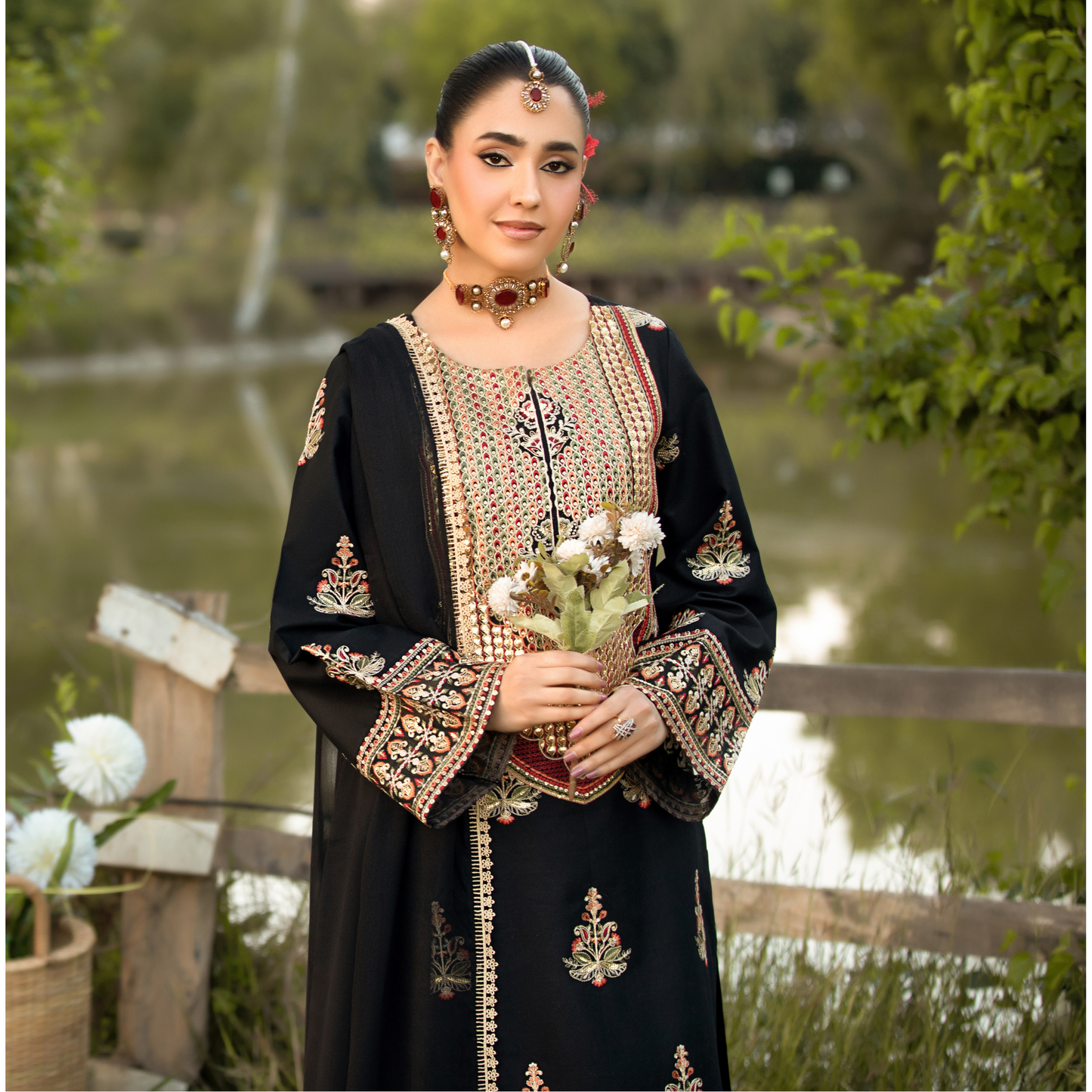 UHE-53 (black) 3 Pc Luxury Embroidered Cambric Cotton ready to wear Dress | Summer Wear | Heera's