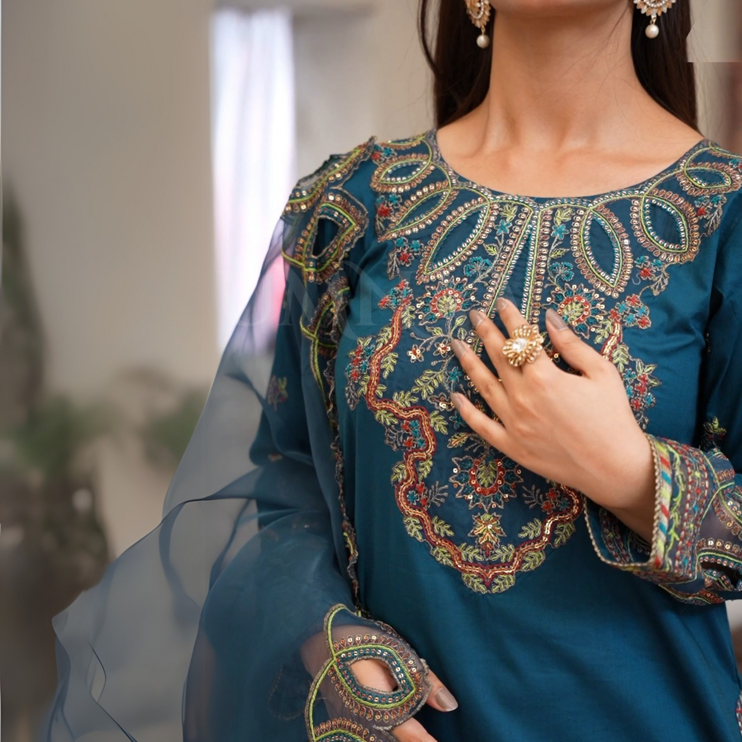 (Teal Blue) Luxury Cambric Cotton Farshi Shalwar Ready to Wear Pakistani Dress | Umnaa