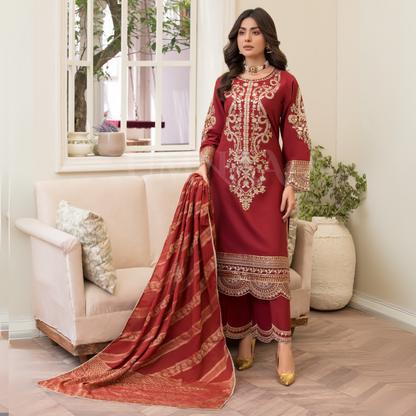UA-84 (Maroon) Embroidered Cambric Cotton Ready to wear Dress | Umnaa