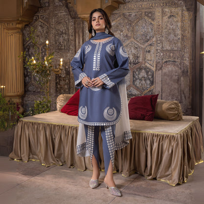 (Greyish Blue) 3 Pc Embroidered Cambric Cotton Ready to Wear Dress | Eid Wear | Heera's