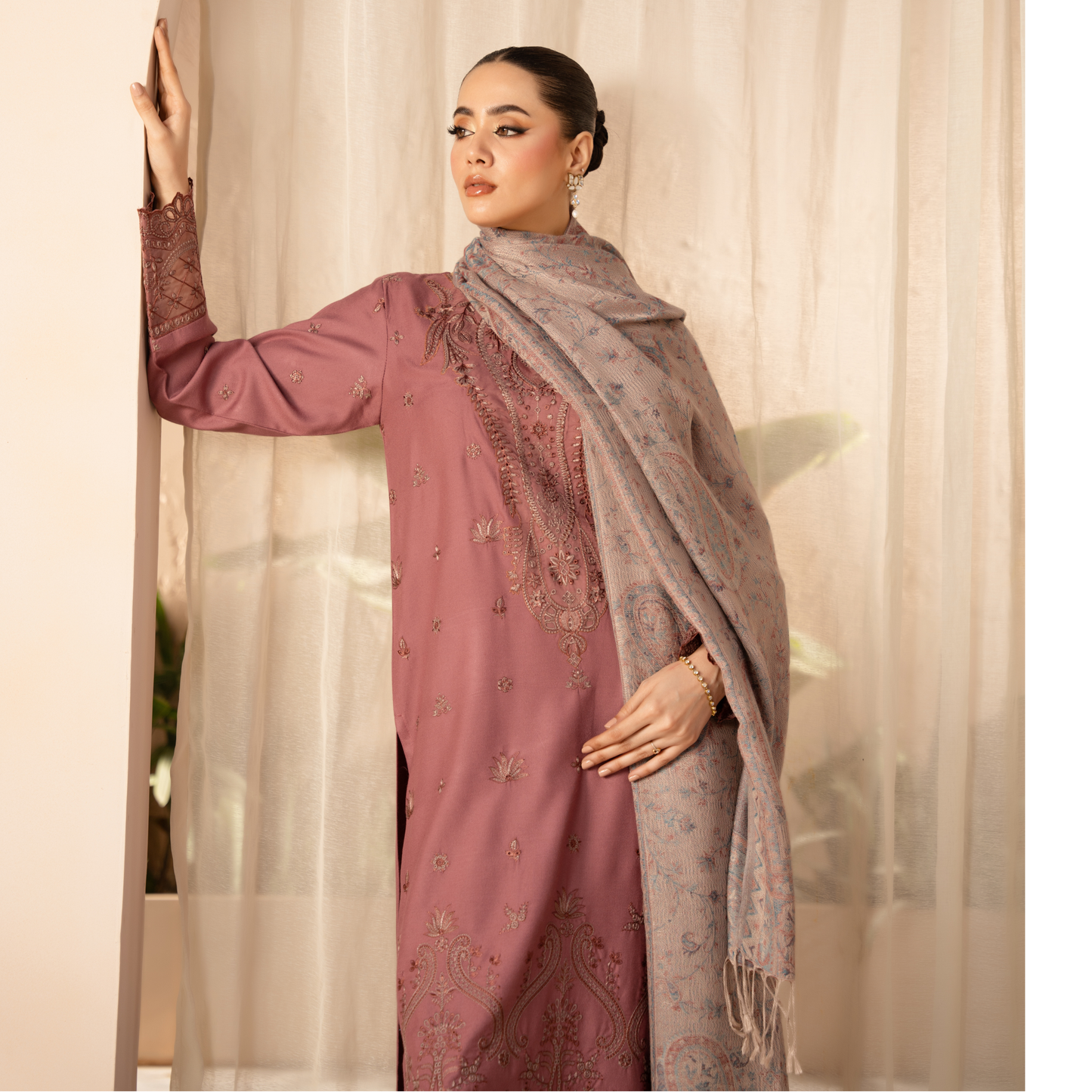 UA-140 Embroidered Dhanak Dress with Pashmina Shawl | Ready to Wear | Asian Clothes