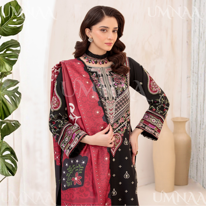 UA-145 Embroidered Dhanak dress with Pashmina Shawl | Umnaa