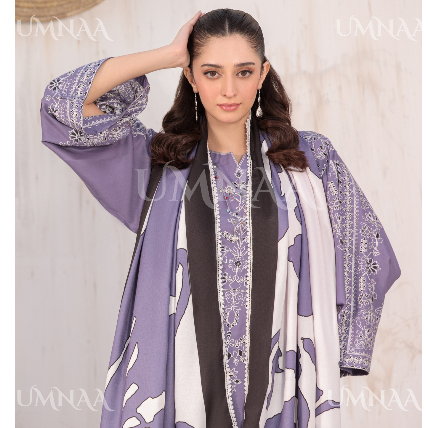 UA-146 Embroidered Linen dress with Pashmina Shawl | Umnaa