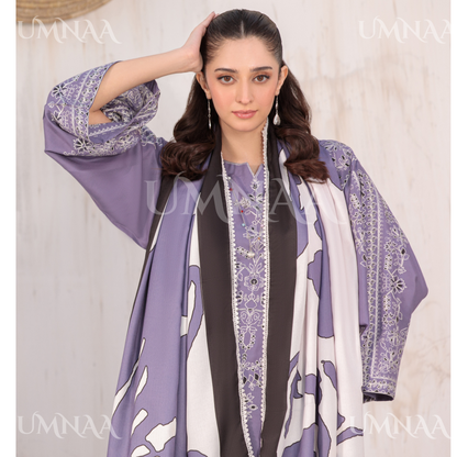 UA-146 Embroidered Linen dress with Pashmina Shawl | Umnaa