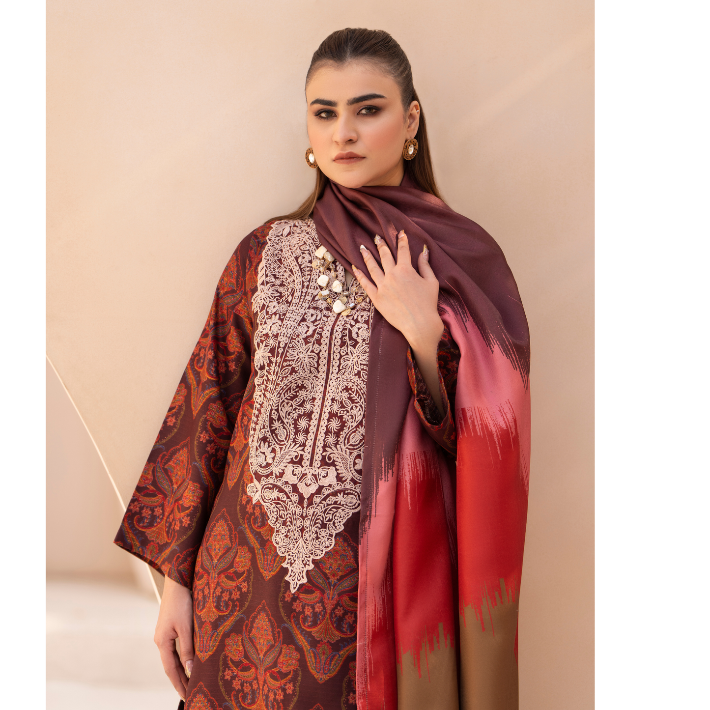 RA-24 Embroidered Printed Dhanak dress with Wool Shawl  by Raniya.h