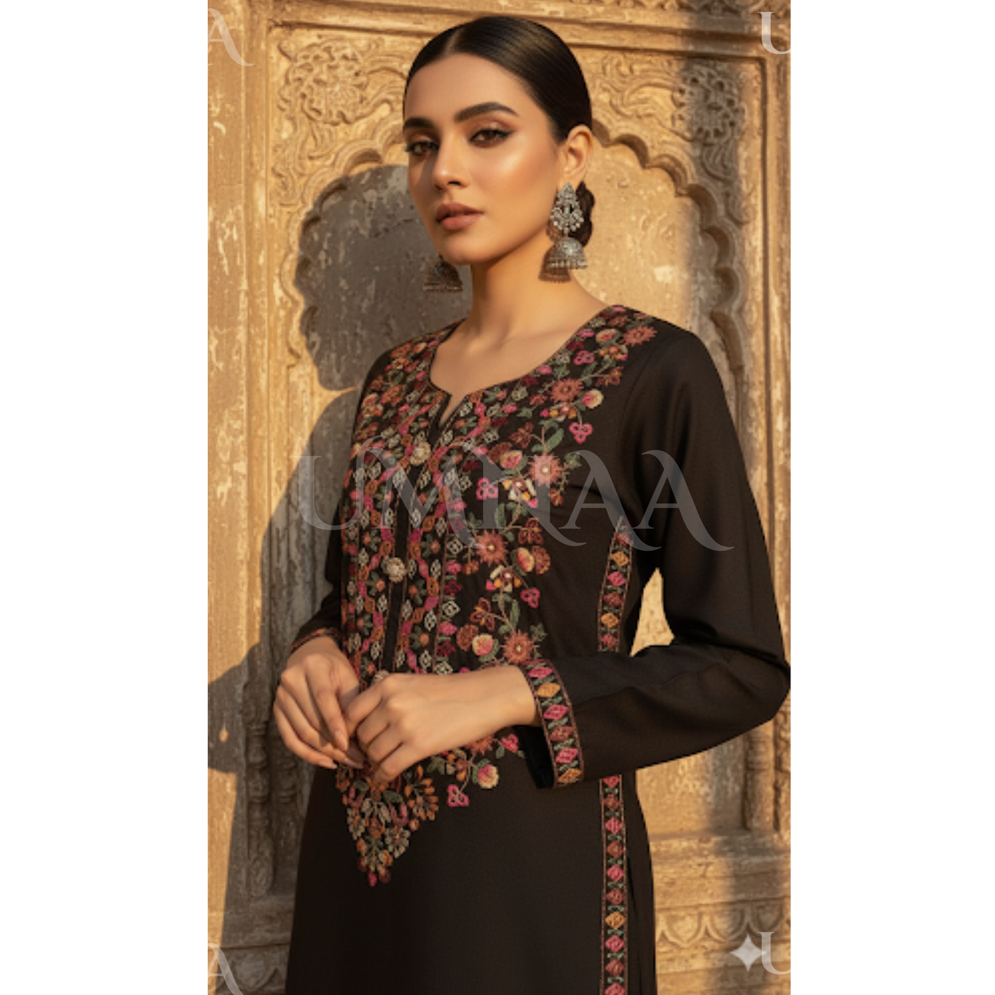 UA-161 Embroidered Dhanak dress with Pashmina Shawl by Umnaa