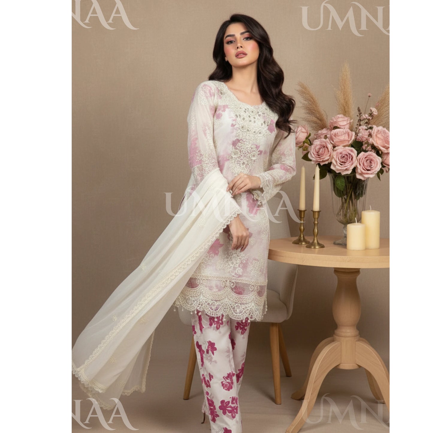 UA-165 Embroidered Chiffon 3-Piece with Printed Lining & Trouser
