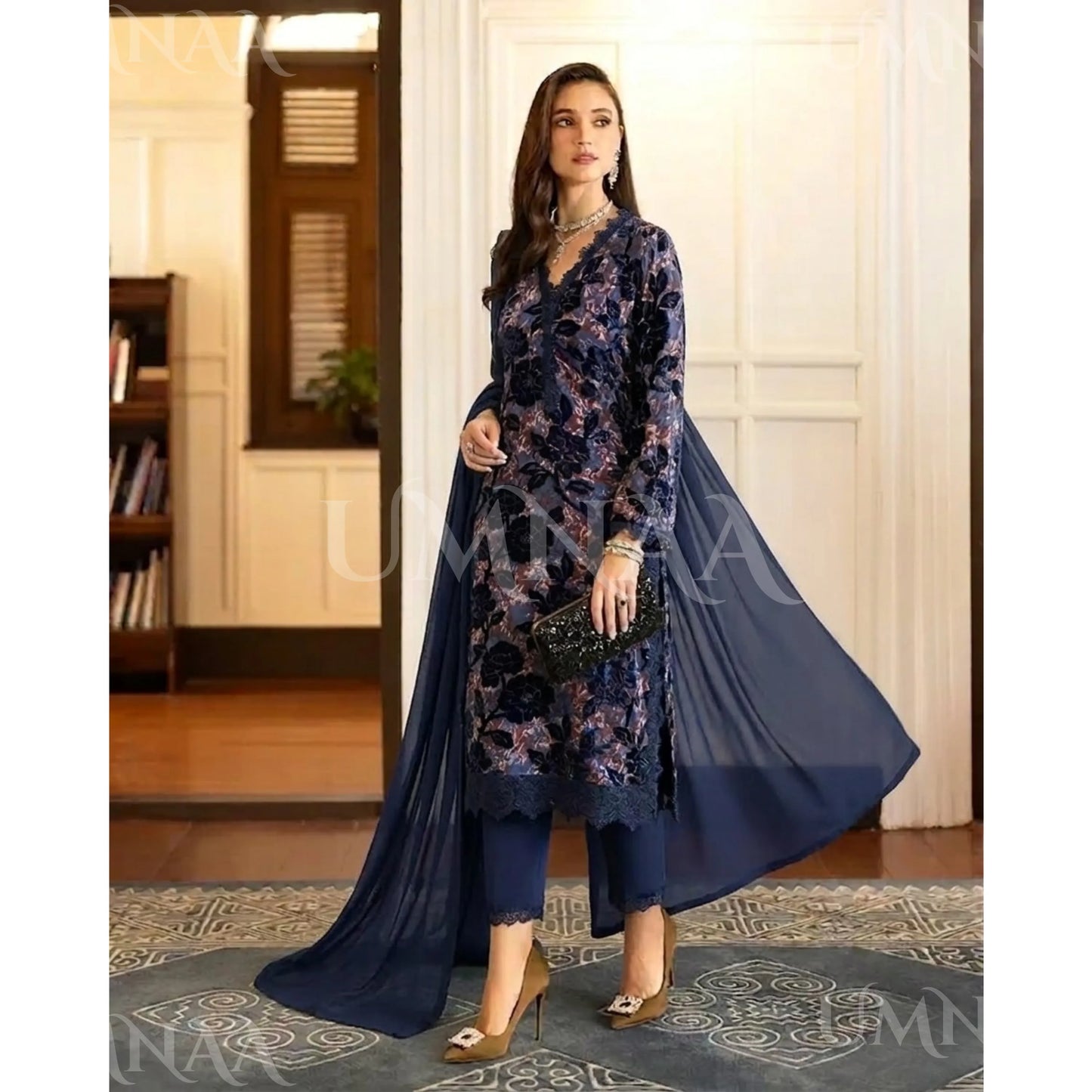 UA-175 Festive Palachi Velvet Dress with Chiffon Dupatta 3 Pc Collection by Umnaa