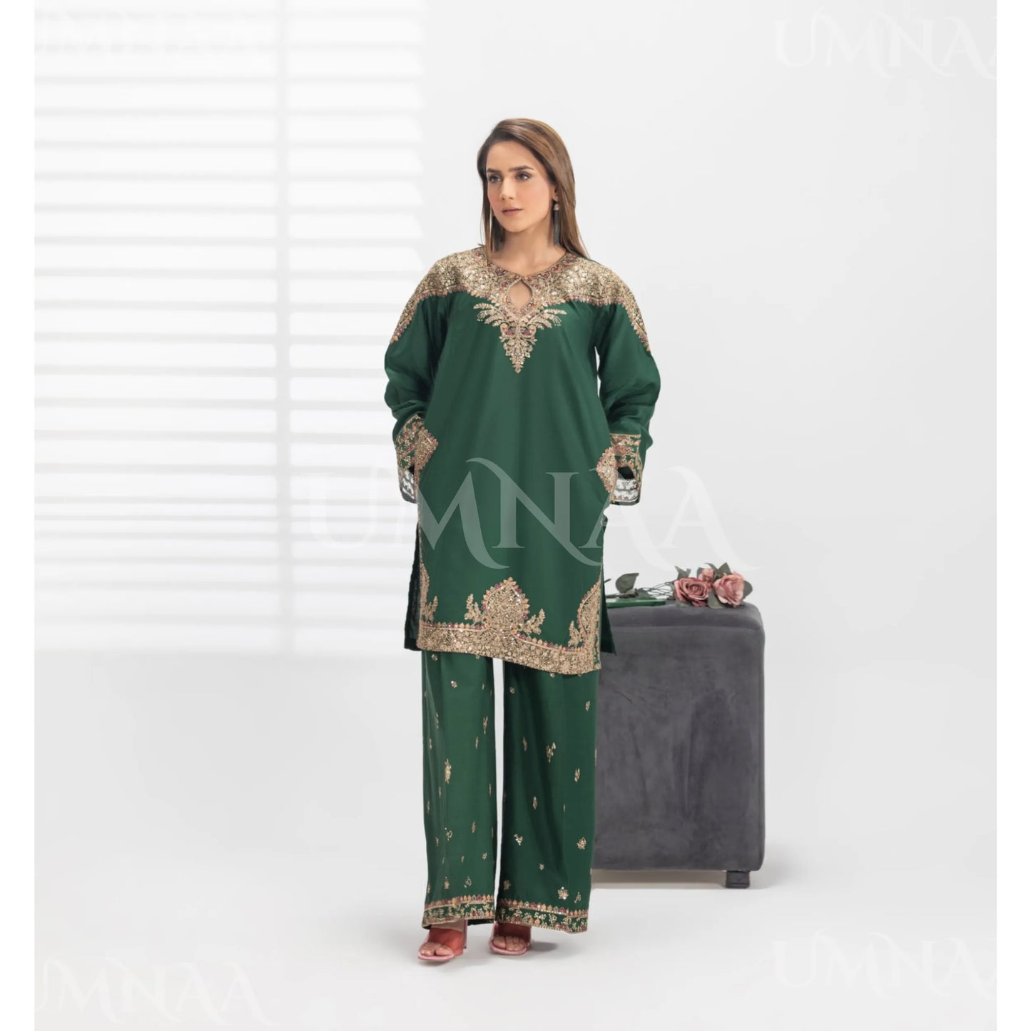 UA-187 Embroidered Cotton dress with Pockets by Umnaa | Ready to Wear | Pakistani Asian Clothes