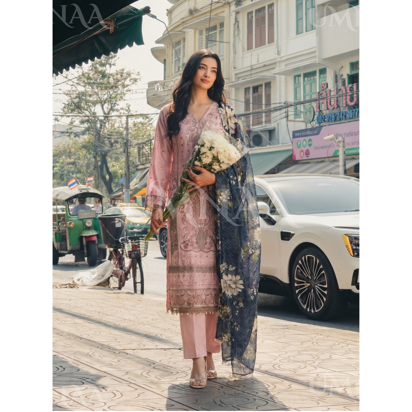 UB-01 3 Pc Embroidered Linen Dress With Cotton Silk Printed Dupatta  By UB