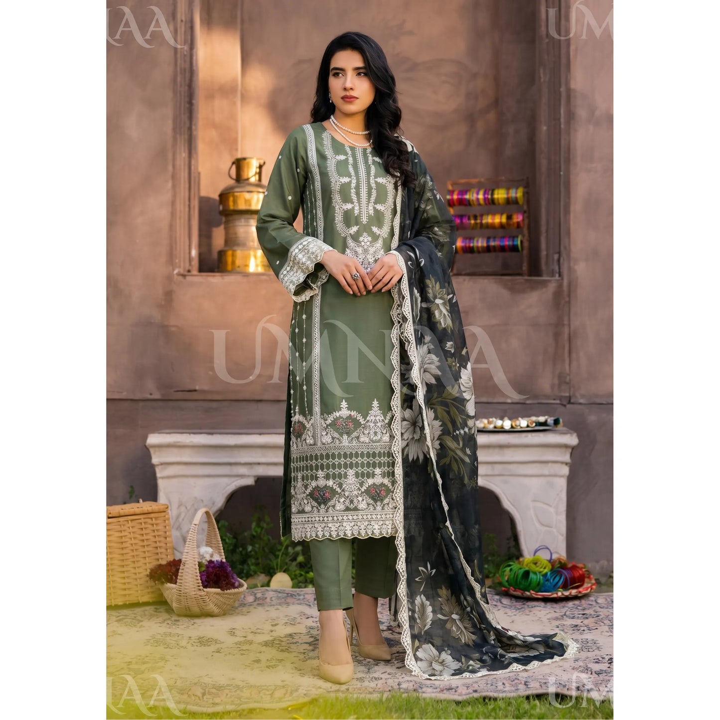 UB-03 3 Pc Embroidered Linen Dress With Cotton Silk Printed Dupatta  By UB