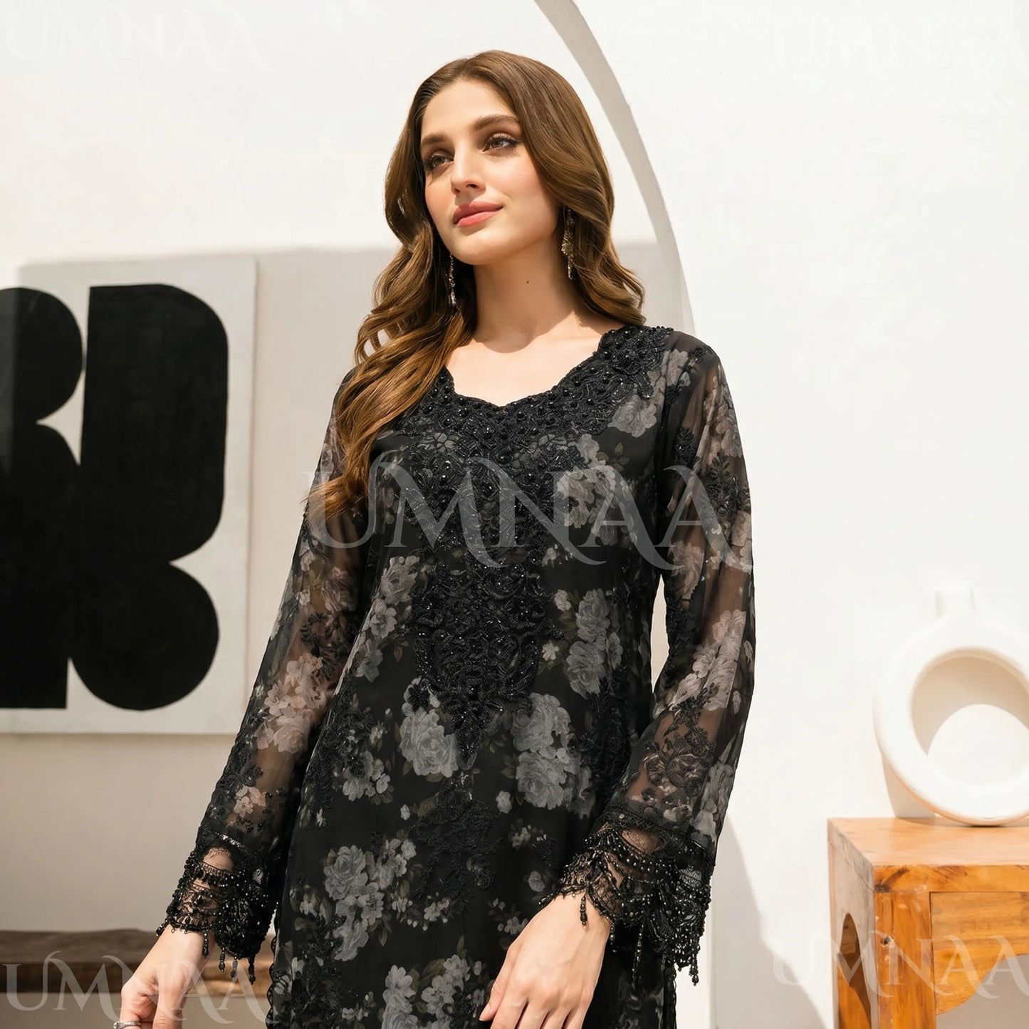 UA-184 Embroidered Chiffon 3-Piece with Printed Lining & Trouser