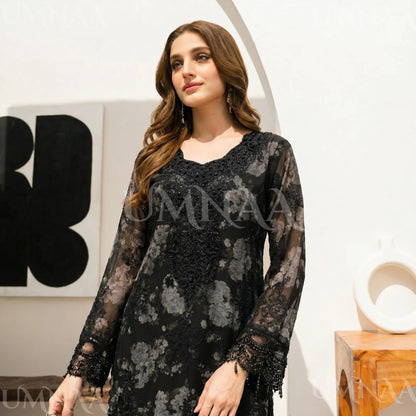UA-184 Embroidered Chiffon 3-Piece with Printed Lining & Trouser