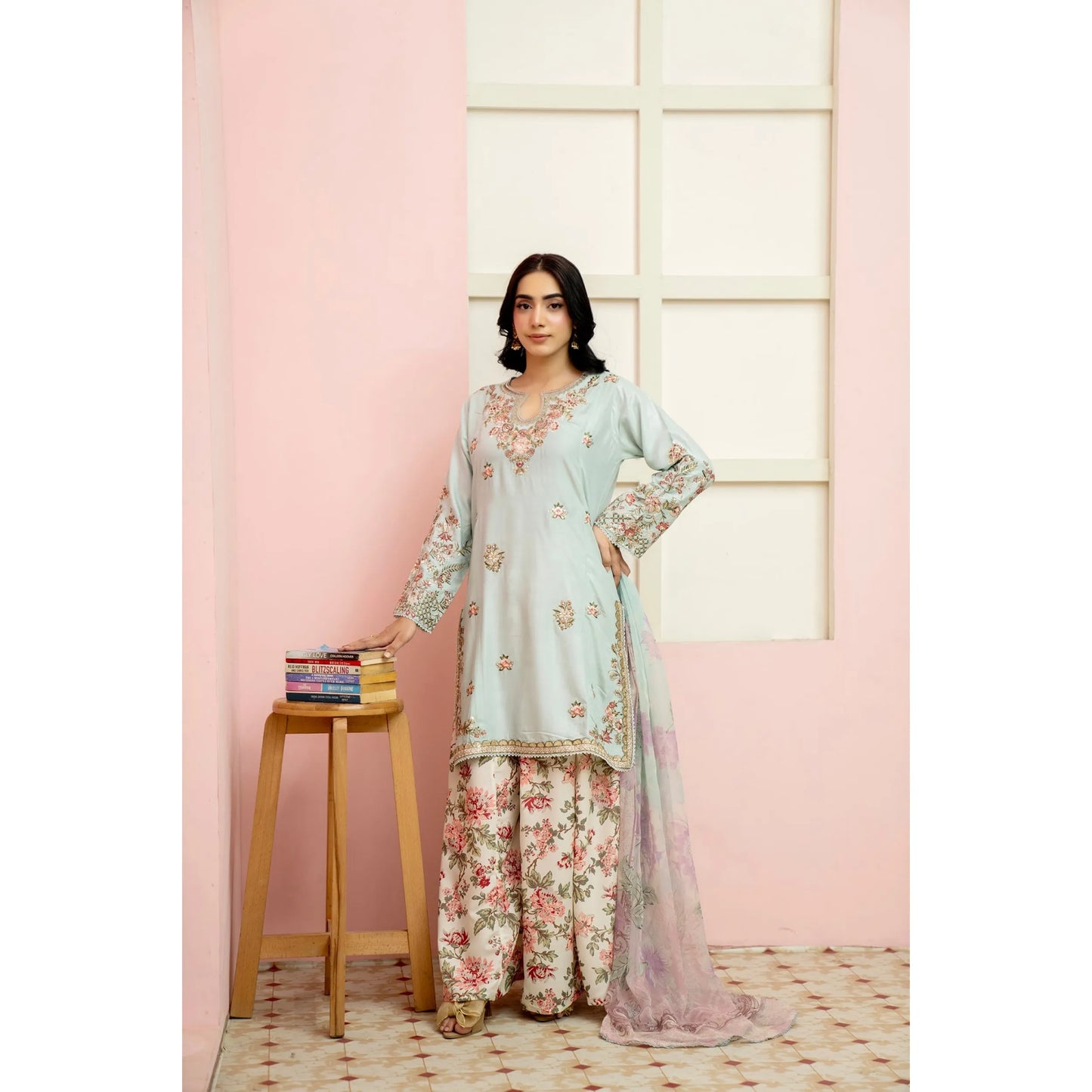 UMRZ-60 Maharani Festive Embroidered Linen with printed Sharara collection by Rangz | Ready to Wear Pakistani Asian clothes