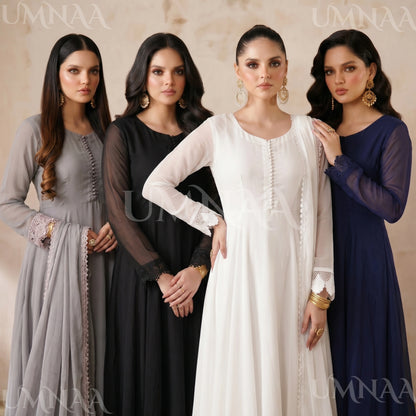 UA-204 Luxury Embroidered Chiffon Frock Collection 3 Pc | Ready to Wear | Umnaa