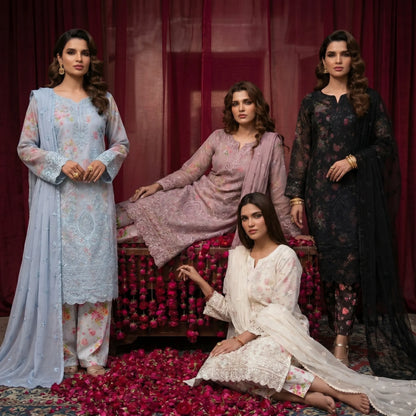 UA-205 Embroidered Chiffon 3-Piece with Printed Lining & Trouser