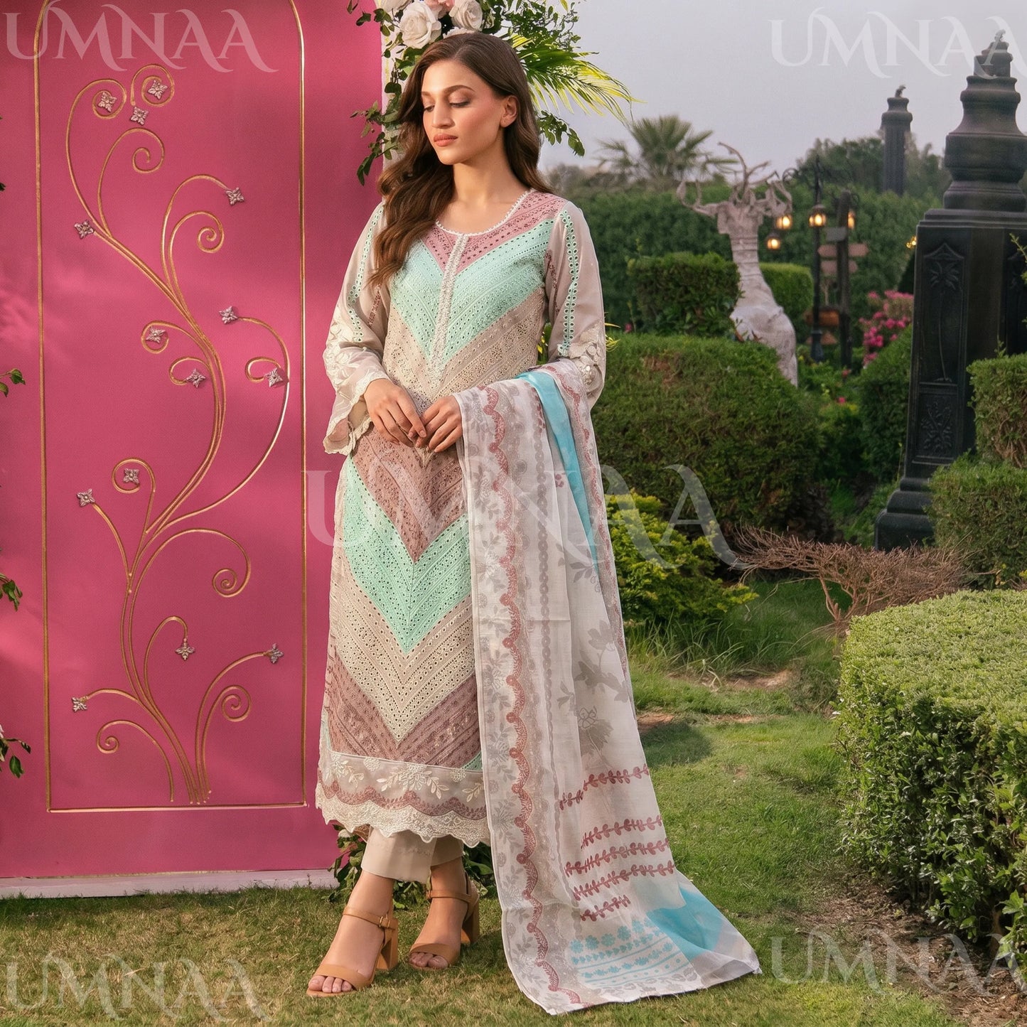 UA-208 Embroidered Chikenkari Cambric Cotton Pastel Festive Collection by Umnaa - Ready to Wear Pakistani Asian clothes