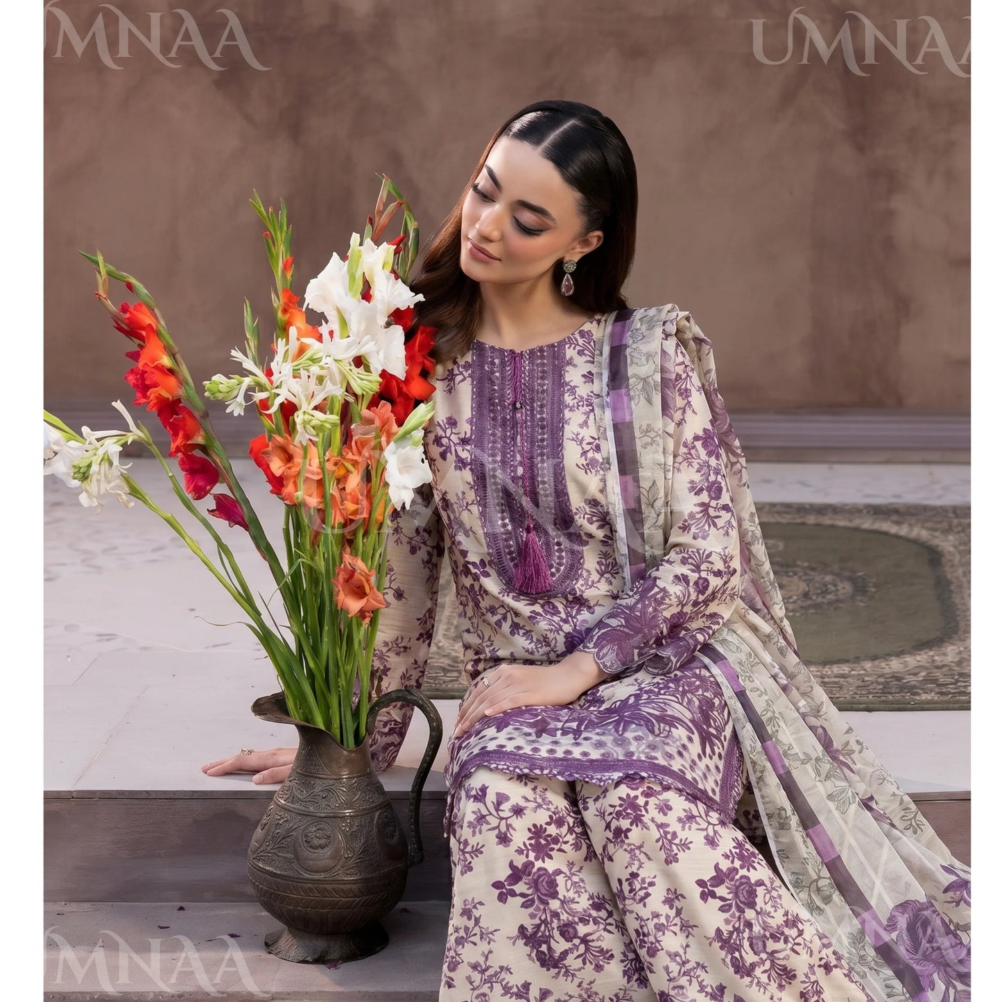 UA-212 Embroidered Printed Slub Poly Lawn Farshi Shalwar Collection by Umnaa | Ready to Wear Pakistani Asian Clothing