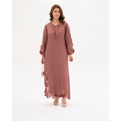 RA-32 MIDNIGHT BLOSSOM Embroidered Raw Silk Long Kaftan Style 2 Piece | Elegant Women's Festive & Formal Wear