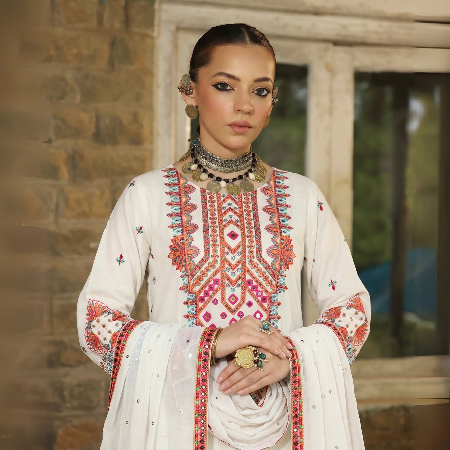 UA-100 (Cream) Embroidered Cambric Cotton 3 Pc Ready to Wear Dress by Umnaa