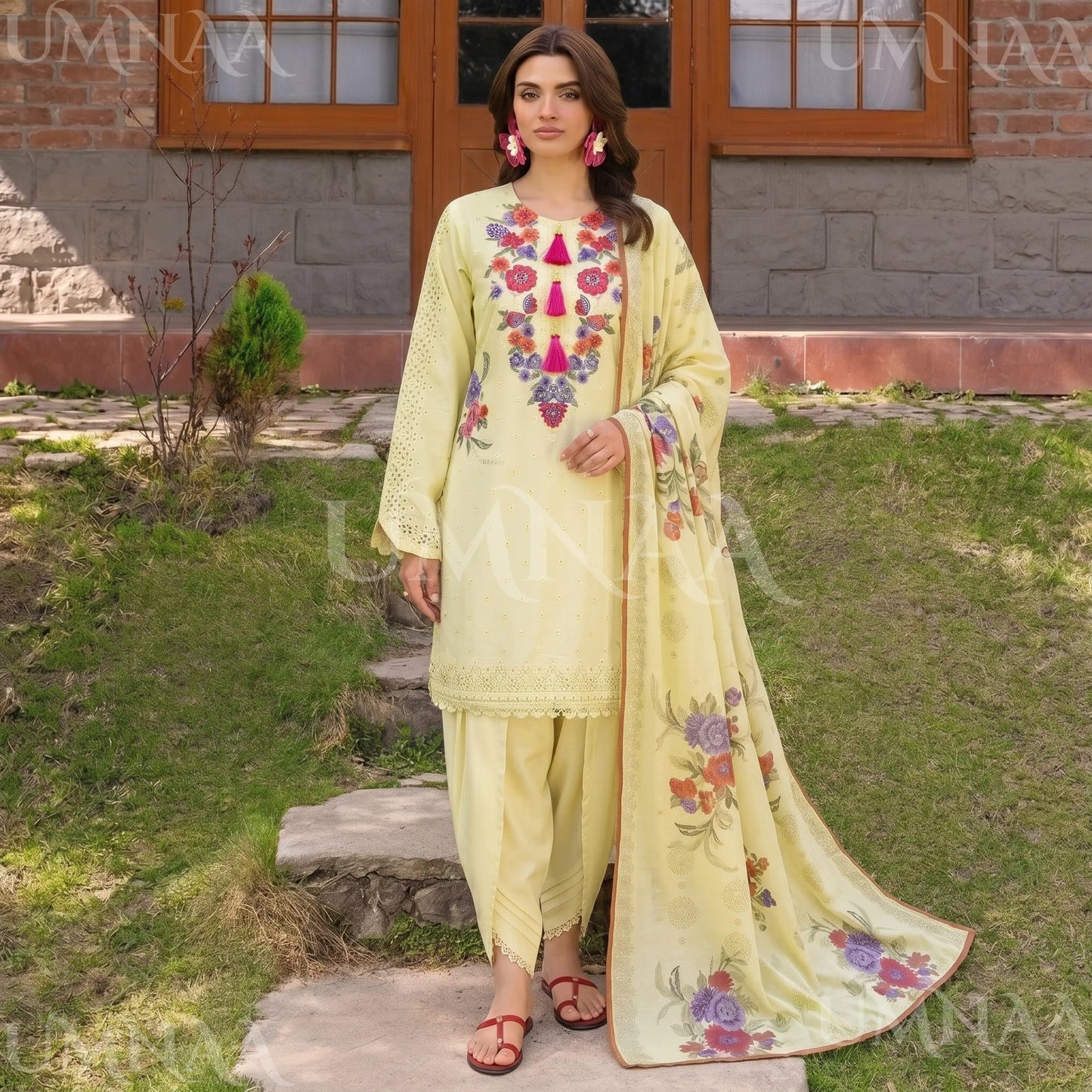 UA-223 Embroidered Cambric Cotton 3 Piece Suit | Tulip Shalwar & Printed Dupatta | Soft Summer Collection by Umnaa