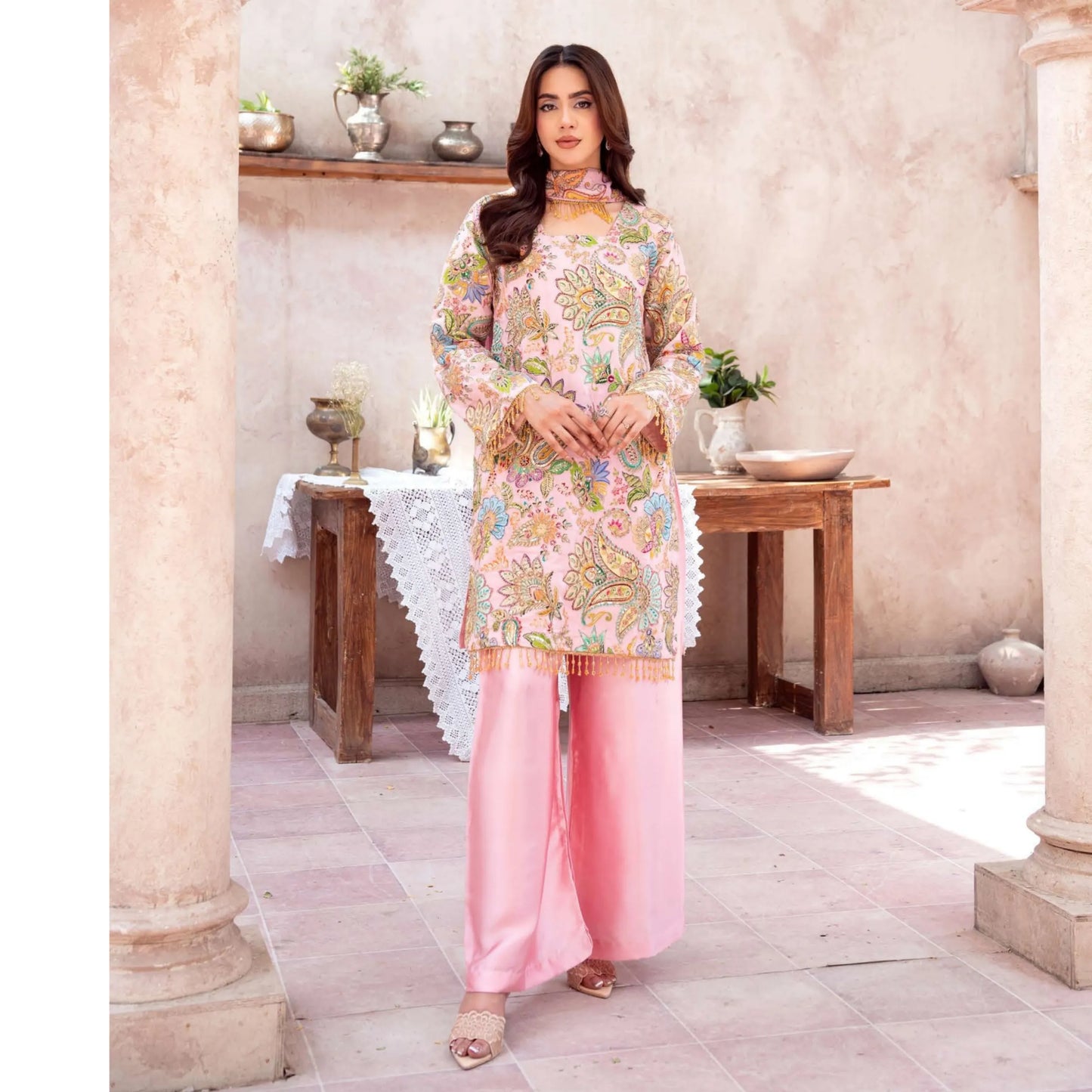 UA-225 Trendy Indian Armani Silk 3 Piece Suit by Umnaa | Embroidered Kameez with Shamoos Silk Shararah & Apple Silk Dupatta | Festive & Party Wear