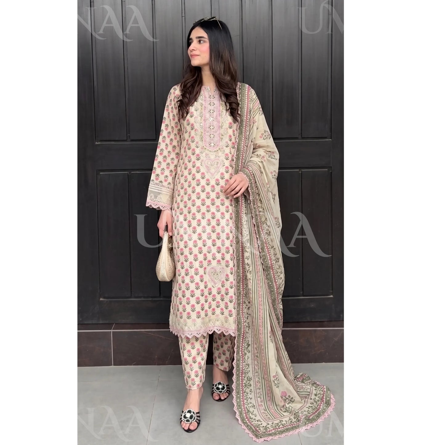 UA-228 Printed Lawn Long Kaftan Style 3  Piece Casual Summer Collection by Umnaa