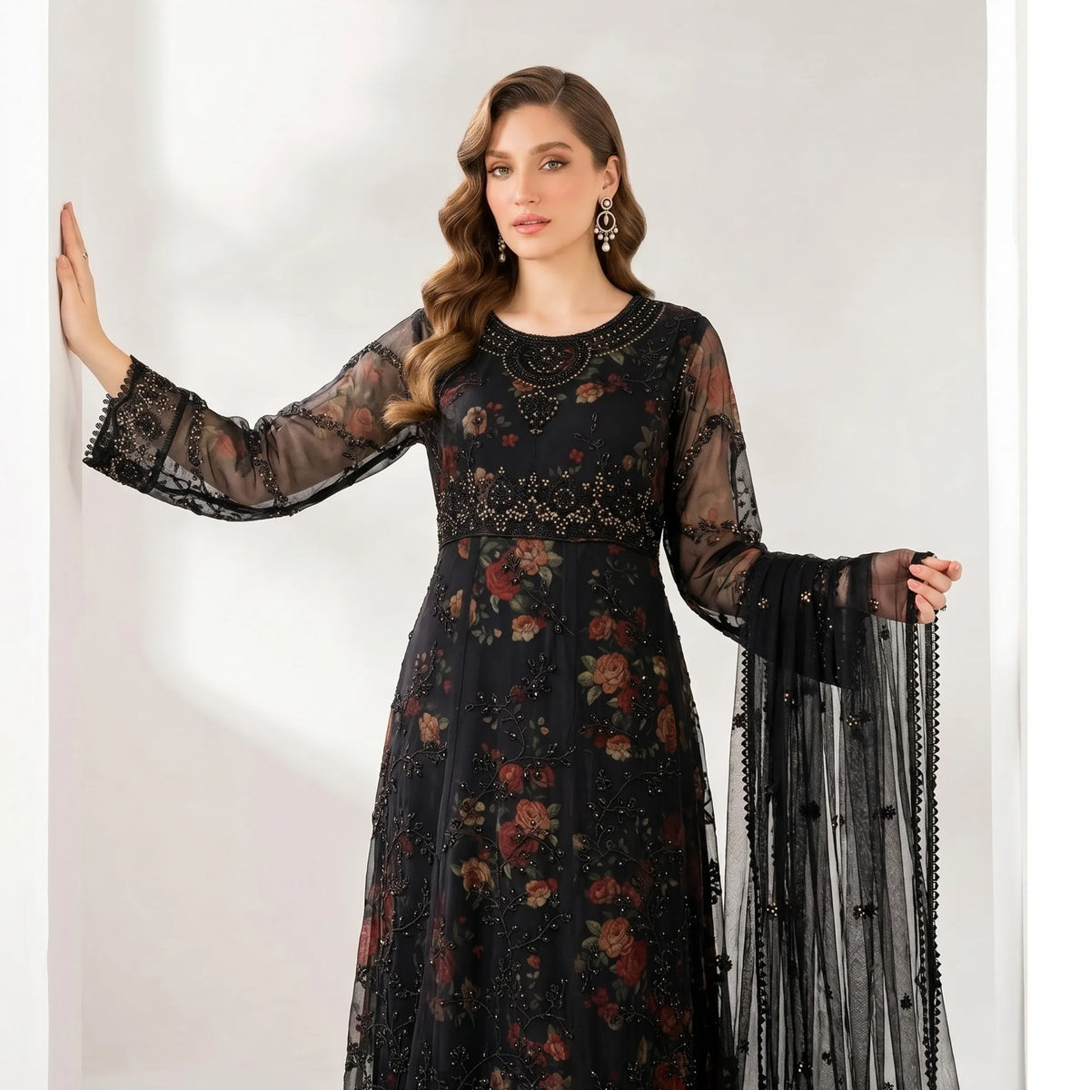 UA-224 Embroidered Chiffon Frock 3 Pc Suit | Printed Inner Lining | Trouser & Chiffon Dupatta | Formal Party Wear