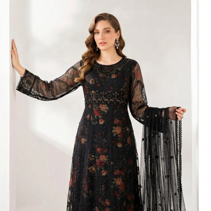 UA-224 Embroidered Chiffon Frock 3 Pc Suit | Printed Inner Lining | Trouser & Chiffon Dupatta | Formal Party Wear