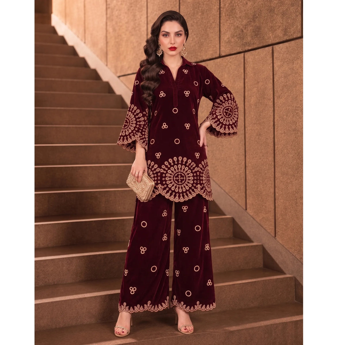 UA-318 Embroidered Velvet Co-Ord Set | Umnaa
