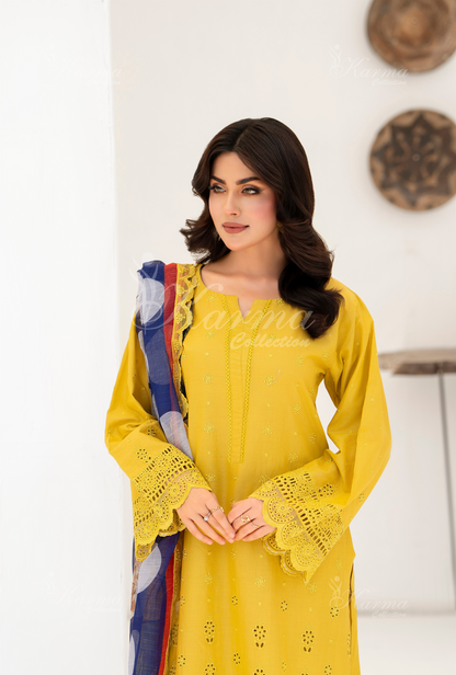 KC- 1385 | Mustard | 3 Pc | Chikenkari Cotton Lawn | Karma Collection
