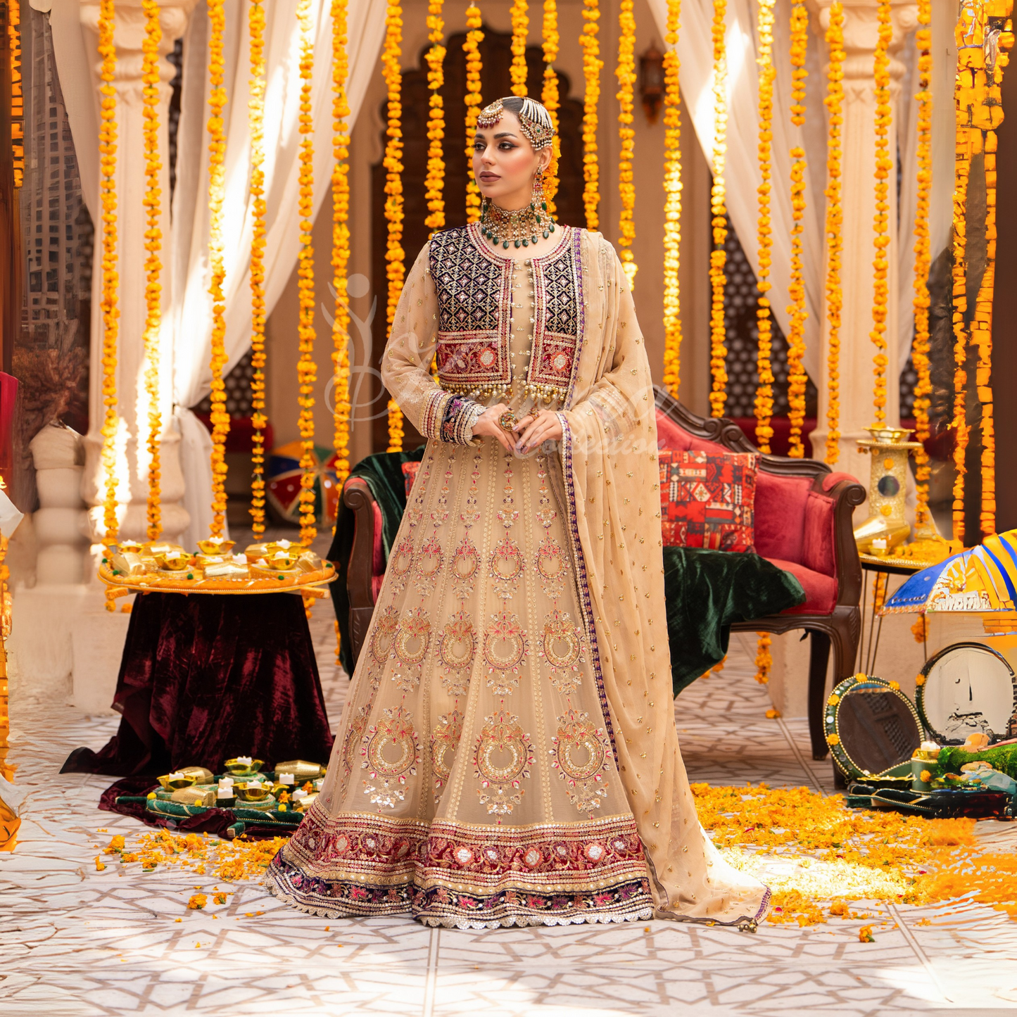 Luxury Embroidered  chiffon long Maxi with velvet jacket | Wedding Collection | karma Collection | UMKC01401