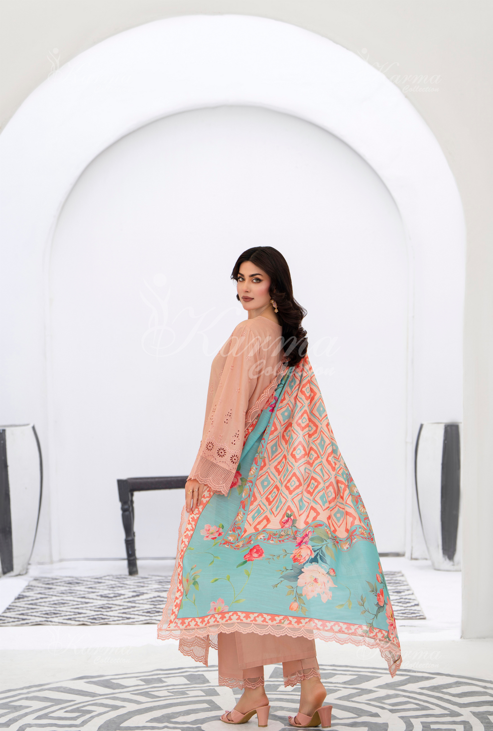 KC- 1390 | Light Salmon | 3 Pc | Chikenkari Cotton Lawn | Karma Collection
