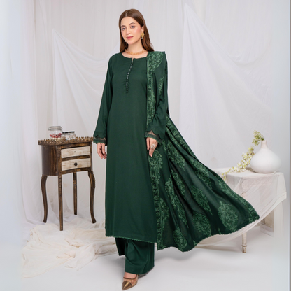 (green) 3 Pc Dhanak Shirt & trouser with Dhanak Shawl | Winter Collection | SIMRANS