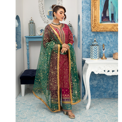 UHE-54 (Deep Pink) Luxury Cambric Cotton Embroidered Dress | Ready to Wear | Heera's