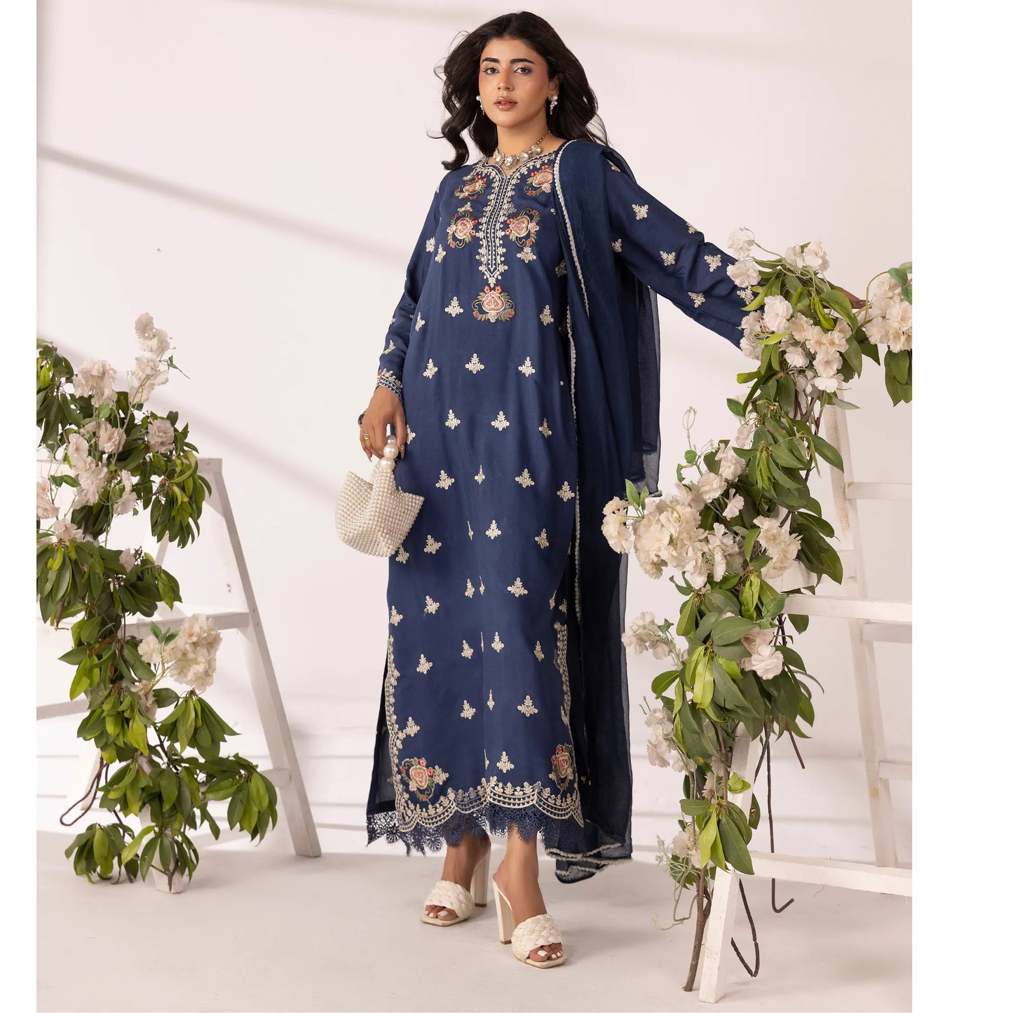 UMS-65 Lira by Simrans Embroidered Viscose Linen 3 Piece Suit | Premium Embroidered Shirt, Trouser & Dupatta | Semi Formal Women's Wear